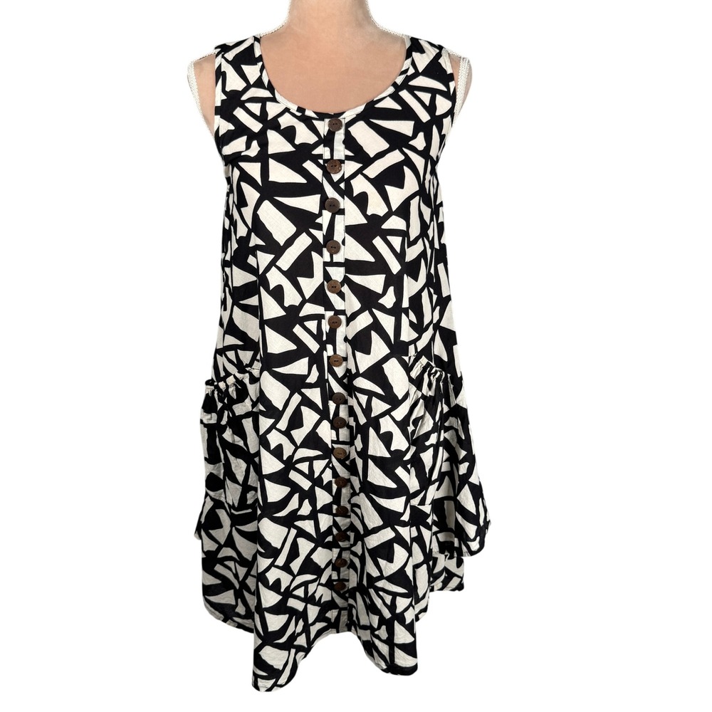 Zury Button Front Dress Women Free Size Made India‎ Black White Geometric Cotton